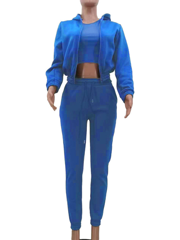 Women’s Knitted Casual Sports Fleece Hooded Three-piece Suit
