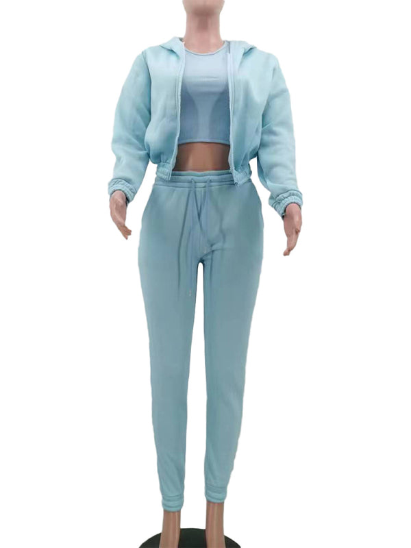 Women’s Knitted Casual Sports Fleece Hooded Three-piece Suit