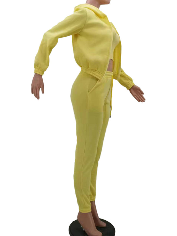 Women’s Knitted Casual Sports Fleece Hooded Three-piece Suit