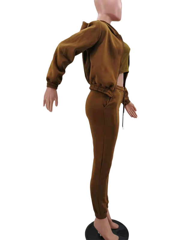 Women’s Knitted Casual Sports Fleece Hooded Three-piece Suit