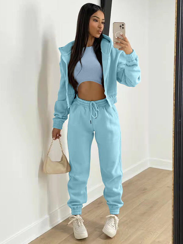 Women’s Knitted Casual Sports Fleece Hooded Three-piece Suit - Acid blue / S