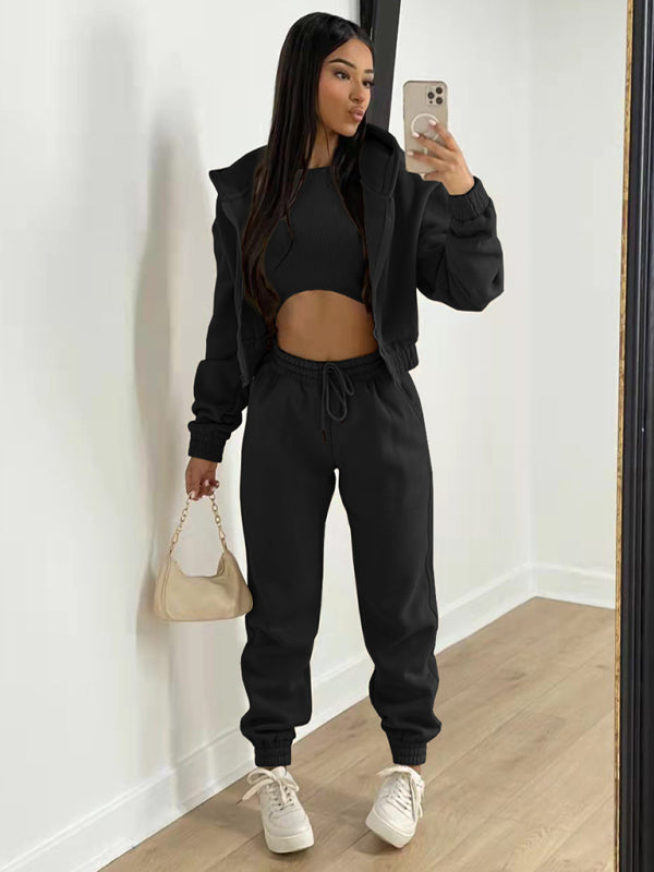 Women’s Knitted Casual Sports Fleece Hooded Three-piece Suit - Black / S