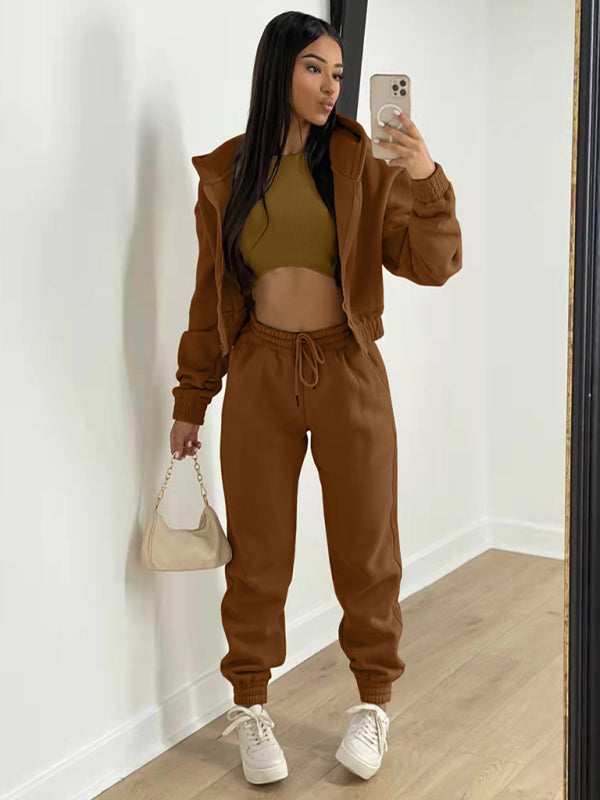 Women’s Knitted Casual Sports Fleece Hooded Three-piece Suit - Brown / S
