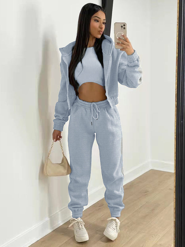 Women’s Knitted Casual Sports Fleece Hooded Three-piece Suit - Grey / S
