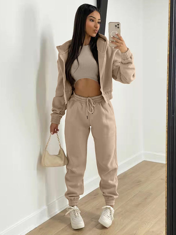 Women’s Knitted Casual Sports Fleece Hooded Three-piece Suit - Khaki / S