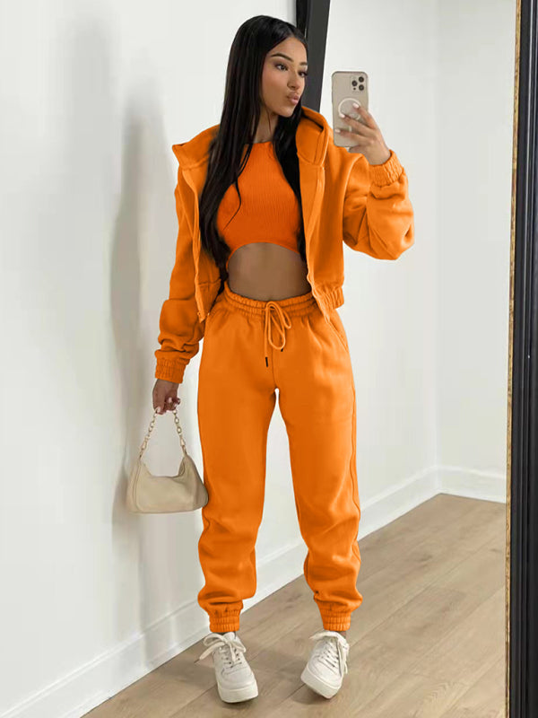 Women’s Knitted Casual Sports Fleece Hooded Three-piece Suit - Orange / S