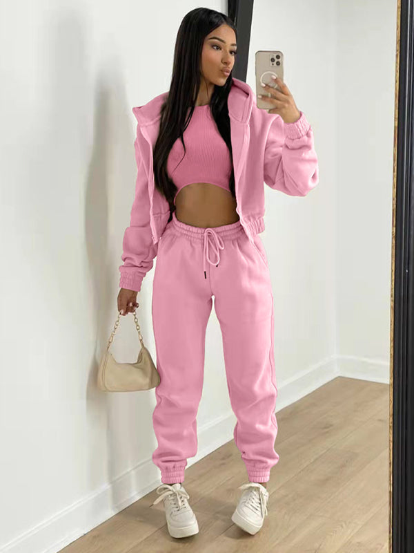 Women’s Knitted Casual Sports Fleece Hooded Three-piece Suit - Pink / S