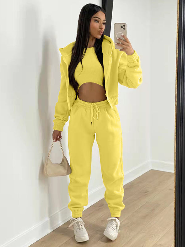 Women’s Knitted Casual Sports Fleece Hooded Three-piece Suit - Yellow / S
