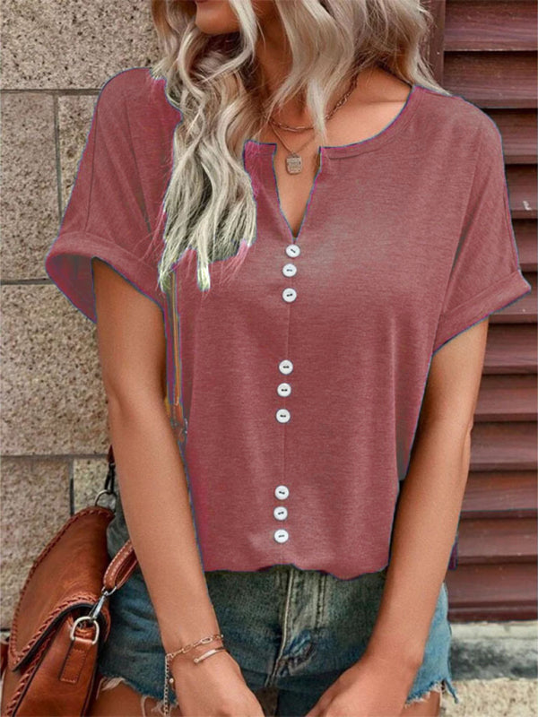 Women’s Knitted Casual V-Neck Button Short Sleeve Top