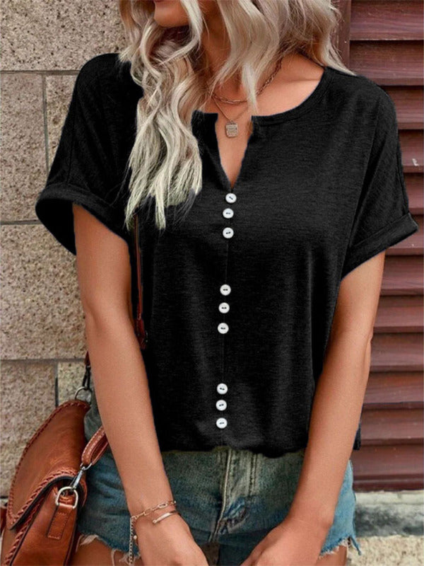 Women’s Knitted Casual V-Neck Button Short Sleeve Top