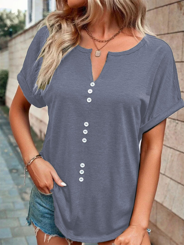 Women’s Knitted Casual V-Neck Button Short Sleeve Top