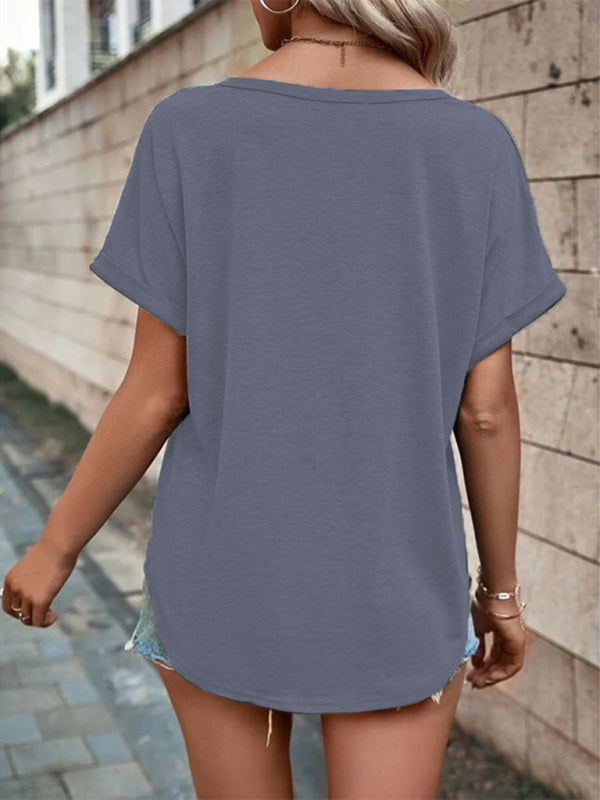 Women’s Knitted Casual V-Neck Button Short Sleeve Top