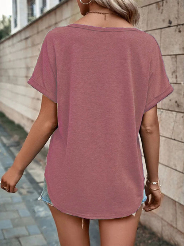 Women’s Knitted Casual V-Neck Button Short Sleeve Top