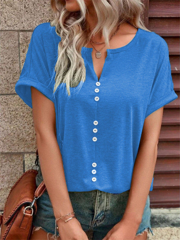 Women’s Knitted Casual V-Neck Button Short Sleeve Top