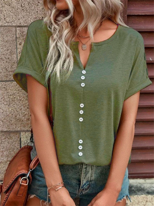 Women’s Knitted Casual V-Neck Button Short Sleeve Top