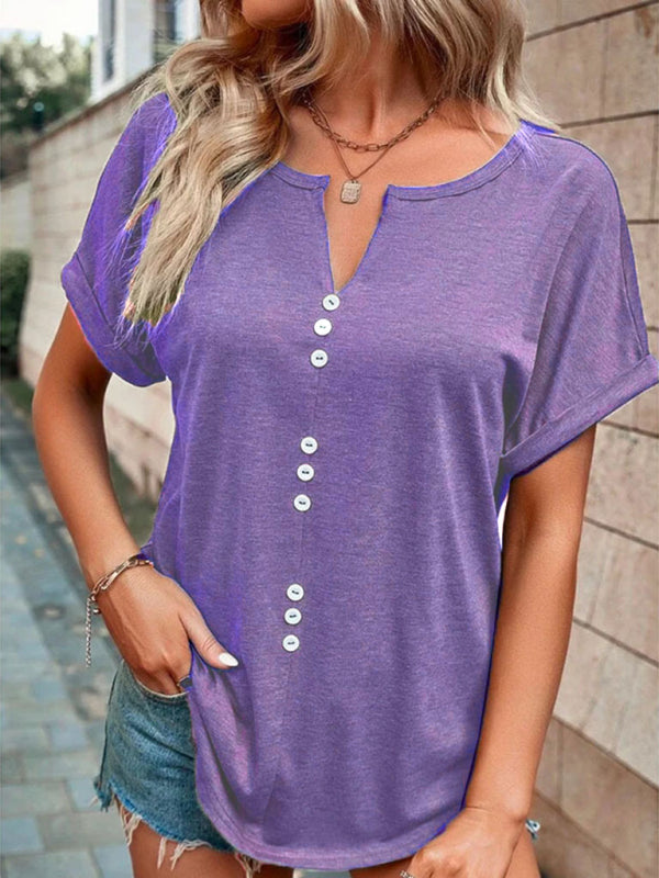 Women’s Knitted Casual V-Neck Button Short Sleeve Top