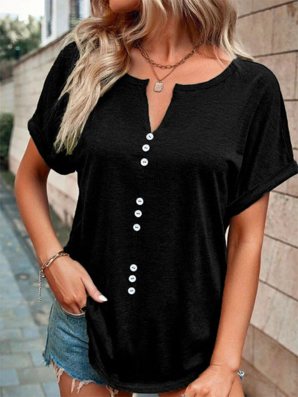 Women’s Knitted Casual V-Neck Button Short Sleeve Top