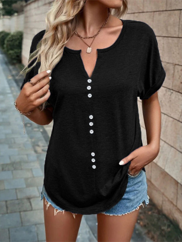 Women’s Knitted Casual V-Neck Button Short Sleeve Top - Black / S