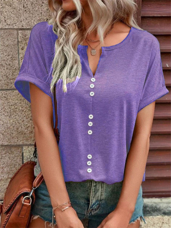 Women’s Knitted Casual V-Neck Button Short Sleeve Top - Purple / S