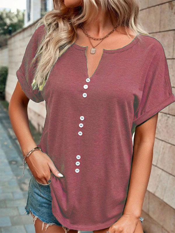 Women’s Knitted Casual V-Neck Button Short Sleeve Top - Wine Red / S