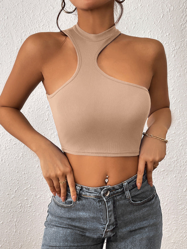 Women’s Knitted Round Neck Cropped Asymmetrical Crop Tank Top - Khaki / S