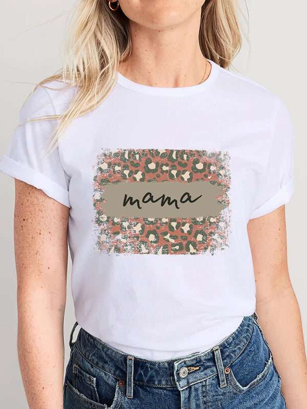 Women’s Knitted Round Neck Leopard Print Mother’s Day Short Sleeve T-Shirt - White / S