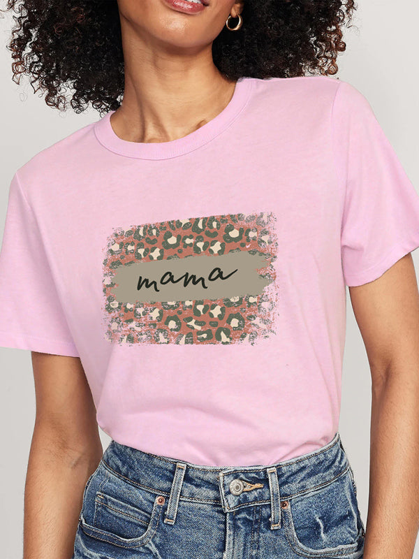 Women’s Knitted Round Neck Leopard Print Mother’s Day Short Sleeve T-Shirt - Pink / S