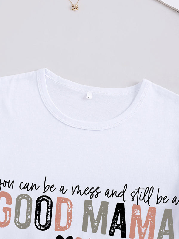 Women’s Knitted Round Neck Letter Print Mother’s Day Short Sleeve T-Shirt