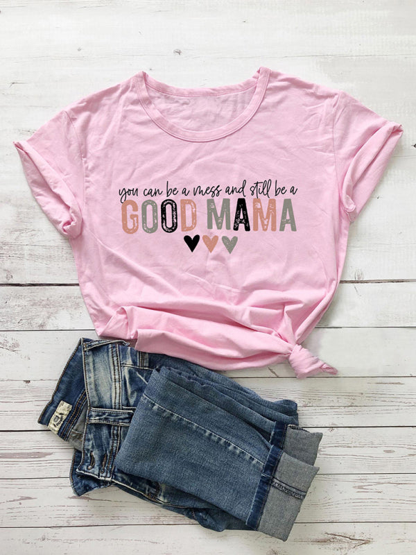 Women’s Knitted Round Neck Letter Print Mother’s Day Short Sleeve T-Shirt