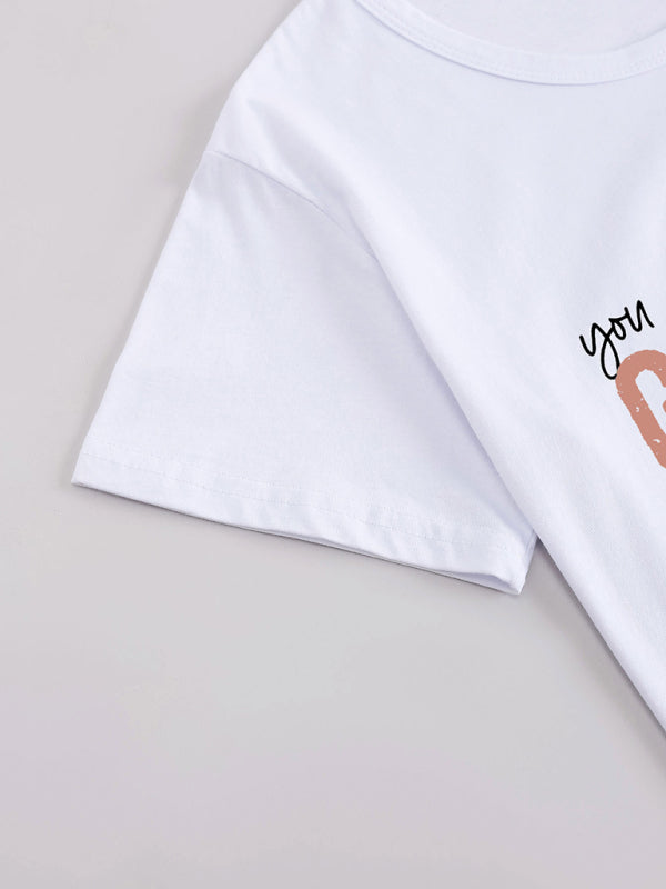 Women’s Knitted Round Neck Letter Print Mother’s Day Short Sleeve T-Shirt