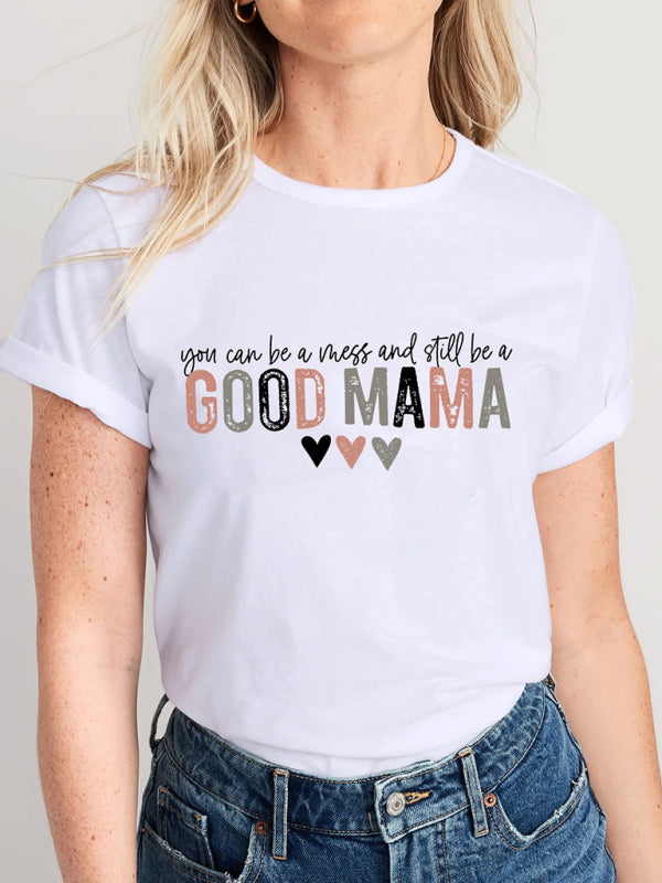 Women’s Knitted Round Neck Letter Print Mother’s Day Short Sleeve T-Shirt - White / S