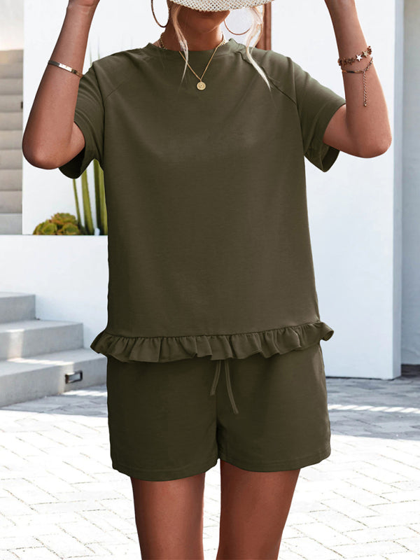 Women’s Knitted Round Neck Ruffle Short Sleeve Shorts Casual Two-piece Set