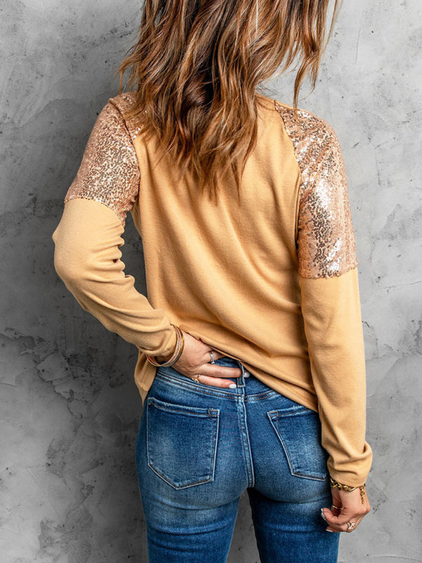 Women’s Knitted Round Neck Stitching Sequin Raglan Long Sleeve Top