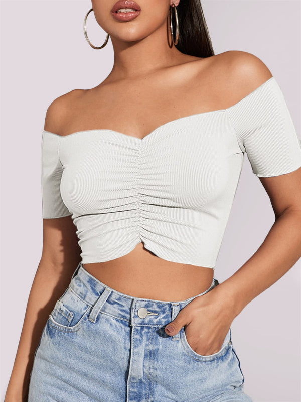 Women’s knitted sexy one-neck short-sleeved top - White / XS