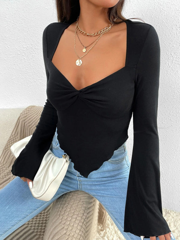 Women’s knitted sexy sweetheart collar trumpet sleeve irregular long-sleeved T-shirt