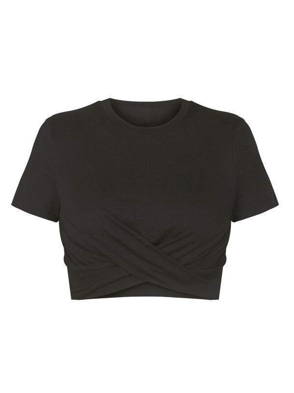 Women’s Knitted Short Slim Fit T-Shirt with Navel and Knot