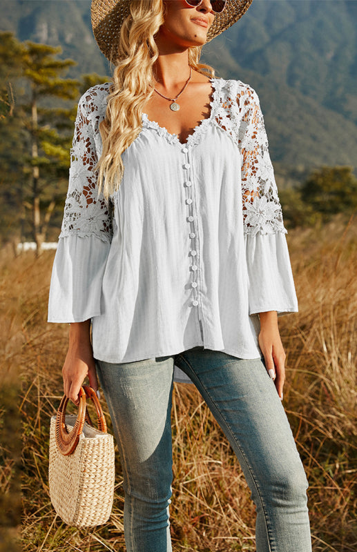 Women’s Lace Crochet Deep V-Neck Blouse - Raw white off white / S