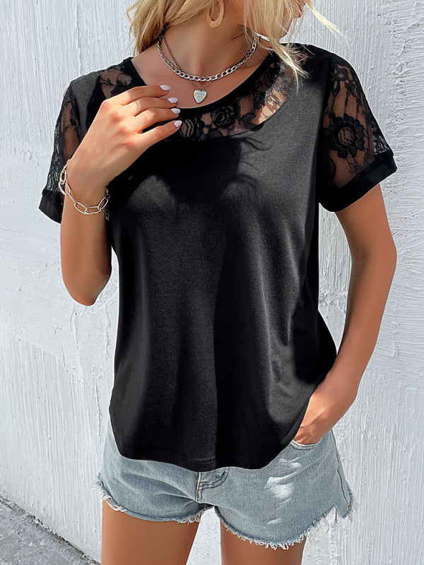 Women’s lace hollow stitching top short-sleeved t-shirt