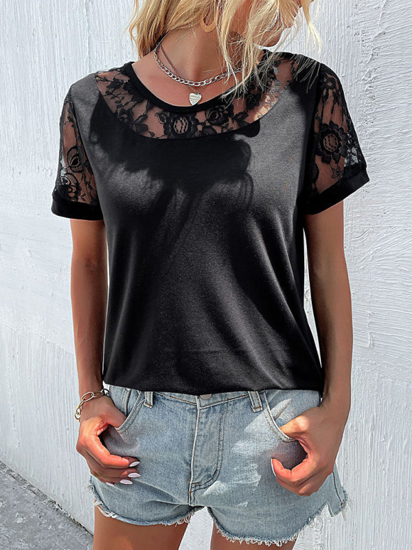 Women’s lace hollow stitching top short-sleeved t-shirt