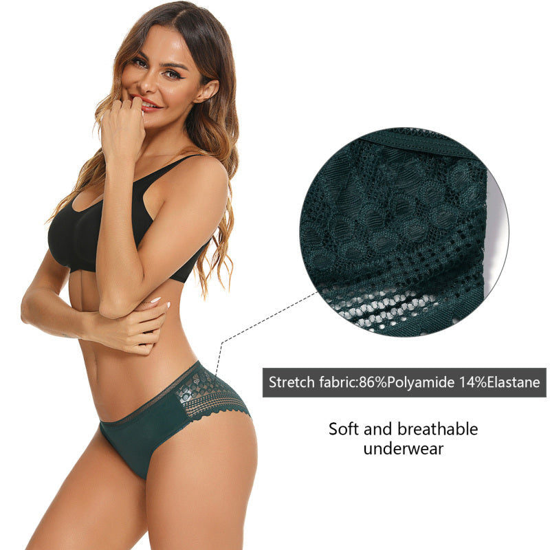 Women’s Lace Panties Hipster Ladies Low Rise Full Briefs Lace Underwear - Black + Green black jasper / S + S