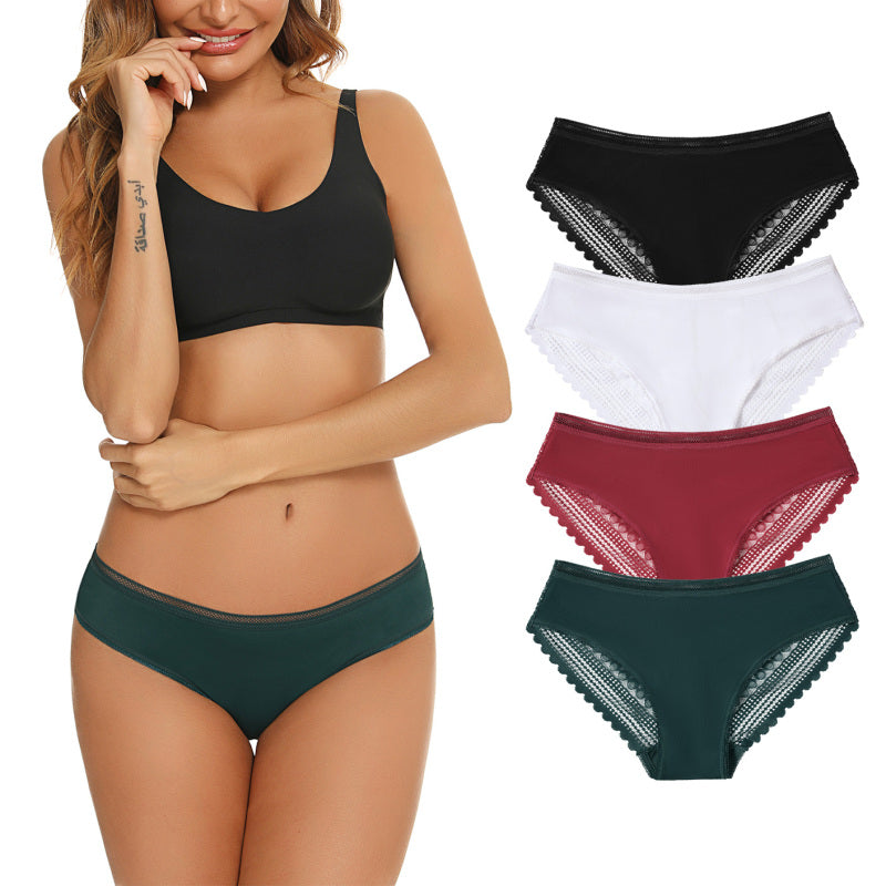 Women’s Lace Panties Hipster Ladies Low Rise Full Briefs Lace Underwear - Black + Raw white off white + Wine Red