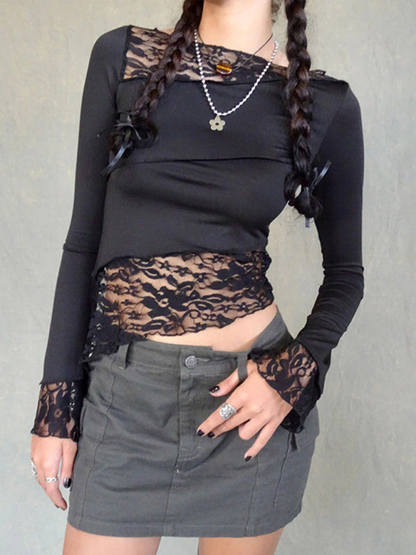 Women’s lace patchwork long sleeve top - Black / S