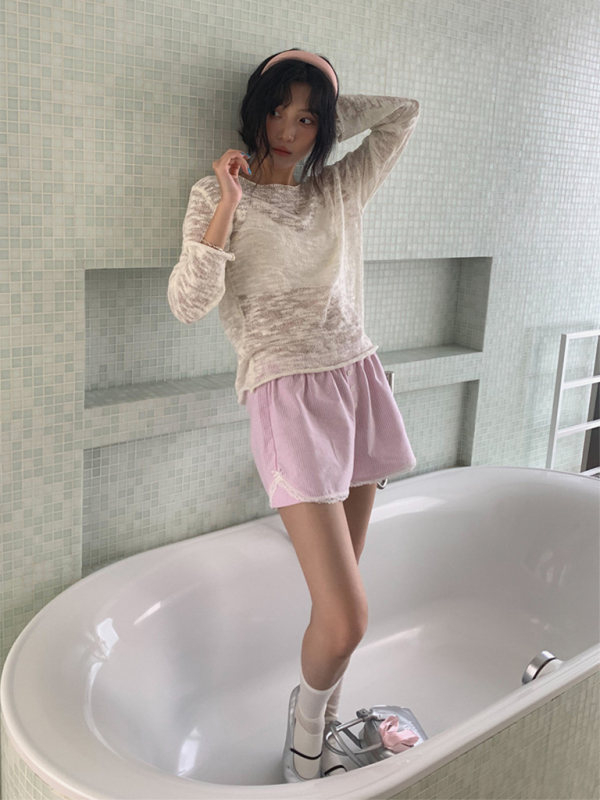 Women’s lace shorts wear elastic waist striped casual pants