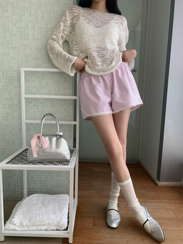 Women’s lace shorts wear elastic waist striped casual pants