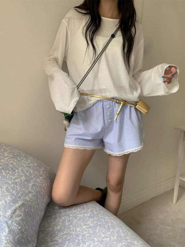 Women’s lace shorts wear elastic waist striped casual pants - Blue / FREESIZE