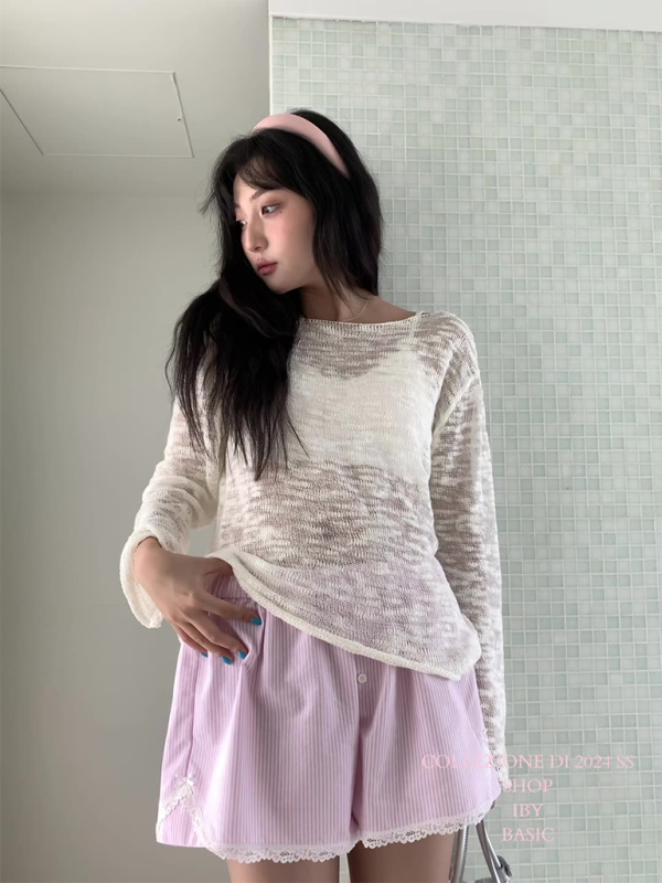 Women’s lace shorts wear elastic waist striped casual pants - Pink / FREESIZE