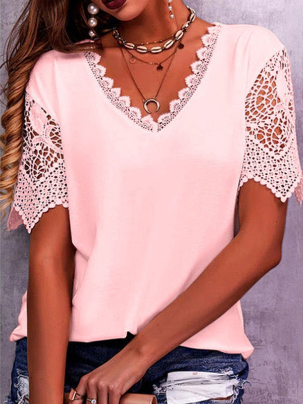 Women’s Lace Trim Stitching Loose V Neck Short Sleeve Top - Pink / S