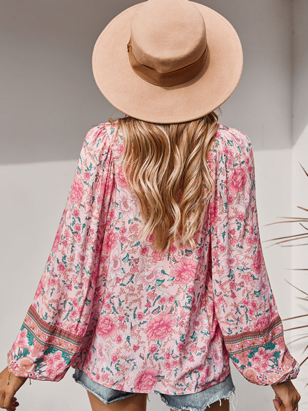 Women's Lace Up Romantic Holiday Print Top - Closther