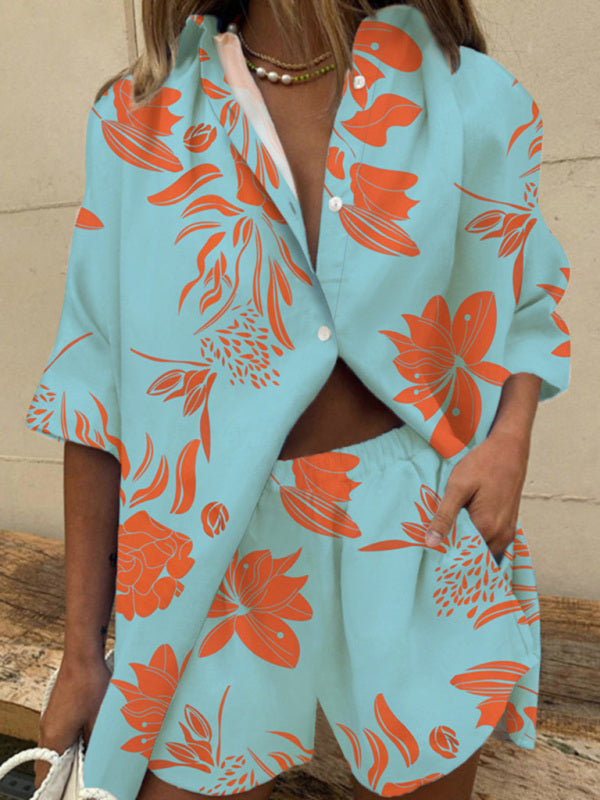 Women’s Lapel Short Sleeve Printed Short Sleeve Shirt Shorts Two-piece Set - Blue / S