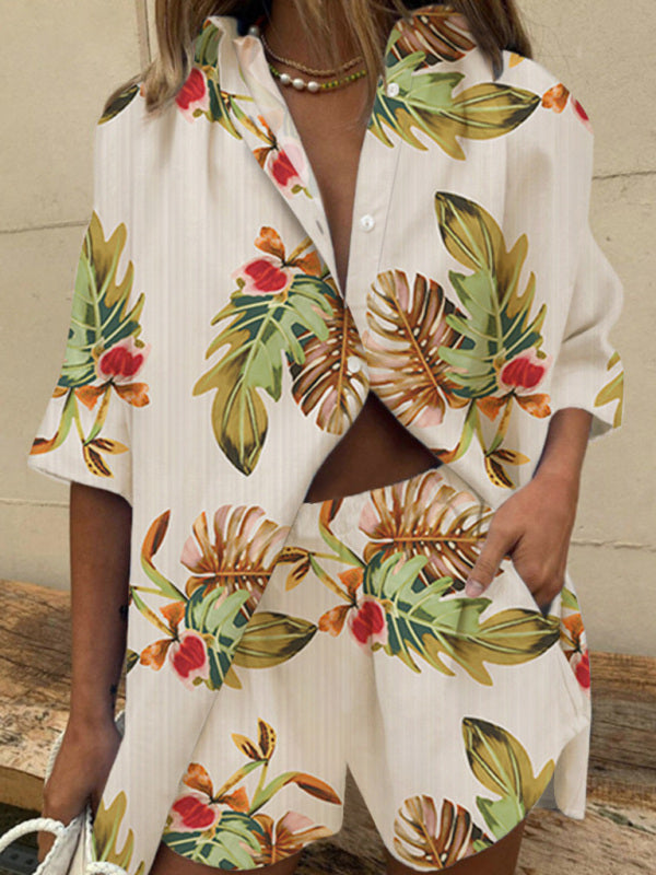 Women’s Lapel Short Sleeve Printed Short Sleeve Shirt Shorts Two-piece Set - Cracker khaki / S